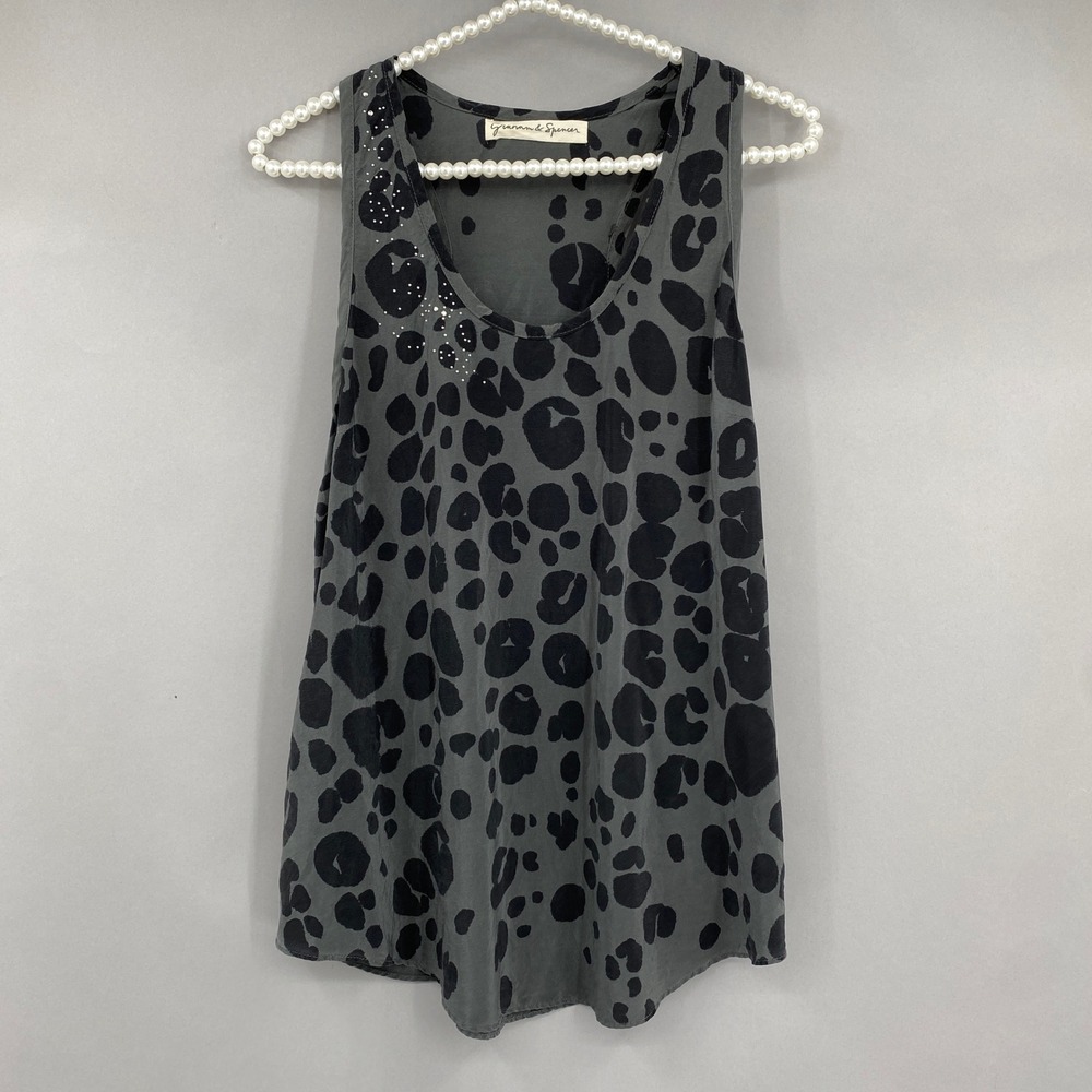 Graham & Spencer Leopard Silk Tank Top Womens Large Gray Black Studded Racerback
